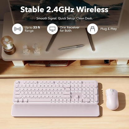 Wireless Keyboard and Mouse Combo, Backlit Round Keycaps, Retro Typewriter Keyboard with Magnetic Wrist Rest, USB-C Rechargeable & Tilt Legs, 2.4GHz Cordless for Mac Windows PC (Glowing Pastel Purple)