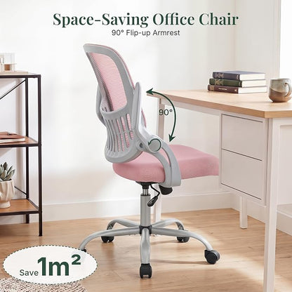 Home Office Desk Chair, Ergonomic Mid-Back Mesh Computer Task Chair with Comfortable Lumbar Support, Height Adjustable Swivel with Flip-up Armrest for Adults, Student, Pink