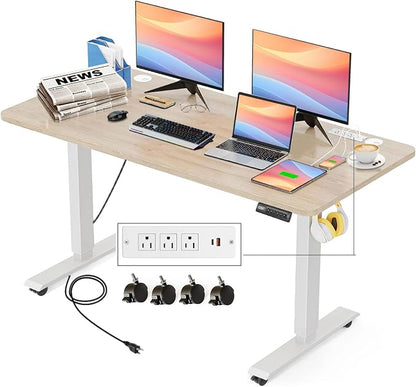 Electric Standing Desk Adjustable Height, 55'' x 24'' Stand up Desk with Outlets and 2 USB Ports,4 Caster, 27''-46'' Lifting Range, Spacious Computer Workstation for Home Office(Oak)