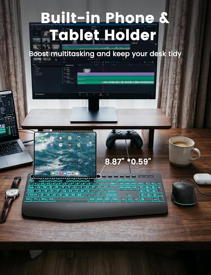 SABLUTE KM21Pro Wired Keyboard and Mouse Combo, 4X Larger Print Backlit Keys, Palm Rest, Ergonomic Design, USB Plug & Play for Windows PC Laptop, Ideal for Seniors, Students, Home & Office