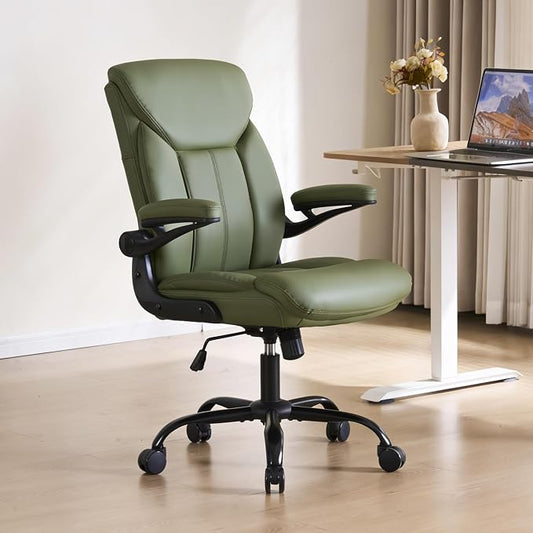 Home Office Ergonomic Desk Chair - Comfy Leather Executive Chair with Flip-Up Armrests, Height Adjustable Computer Chair for Gaming, 360° Swivel & Rocking (Green)