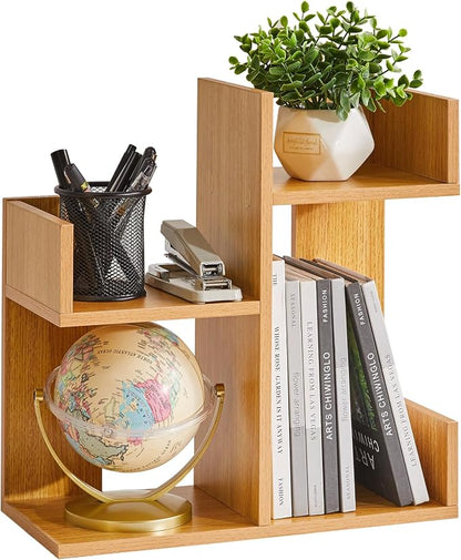 Aibiju Short Bookshelf Small Desk Organizer, Cactus Bookshelf Unique Bookcase, Book Display Shelf Small Plant Stand for Tabletop, Natural Wood Color YD-DSR002N