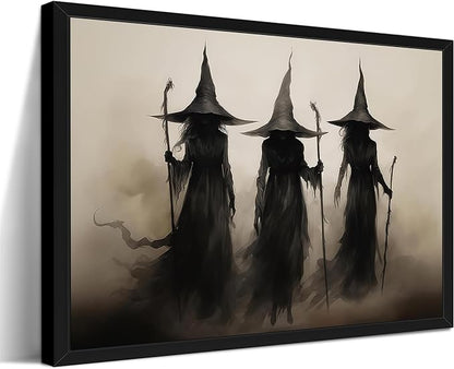 Framed Vintage Witch Canvas Wall Art - Halloween Witchy Wall Decor - Gothic Decor Aesthetics, Creepy Three Witches Rustic Macabre Dark Artwork Prints for Living Room Bedroom 8x10 inch