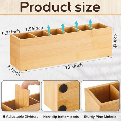 Jetec Wooden Pencil Pen Holder for Desk 6 Compartments Cosmetic Makeup Brush Stationery Office Desktop Organizers for Countertop Adjustable Silverware Caddy for Party, Art Supplies,Home(Bamboo)