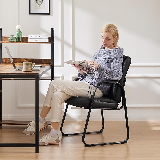 Sweetcrispy Waiting Room Guest Chair Set of 8, Leather Stationary Office Reception Chairs No Wheel, Comfy Padded Arms and Seld Base, for Conference Room Lobby Home Desk Bedroom Elderly, Black