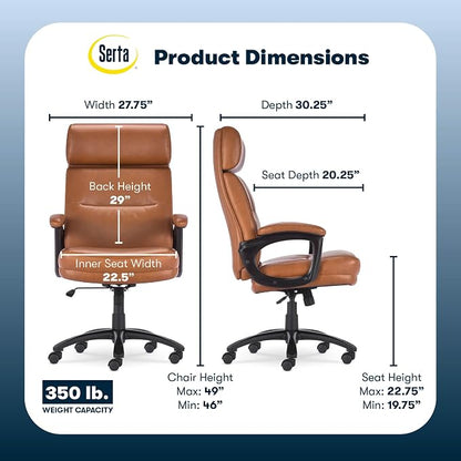 Serta Comfort Executive Big & Tall Office Chair, Ergonomic High-Back Computer DeskChair, Semi Plush Cushion Seat, Soft Padded Armrests, SertaQuality Foam, Metal Swivel Base, Bonded Leather, Cognac