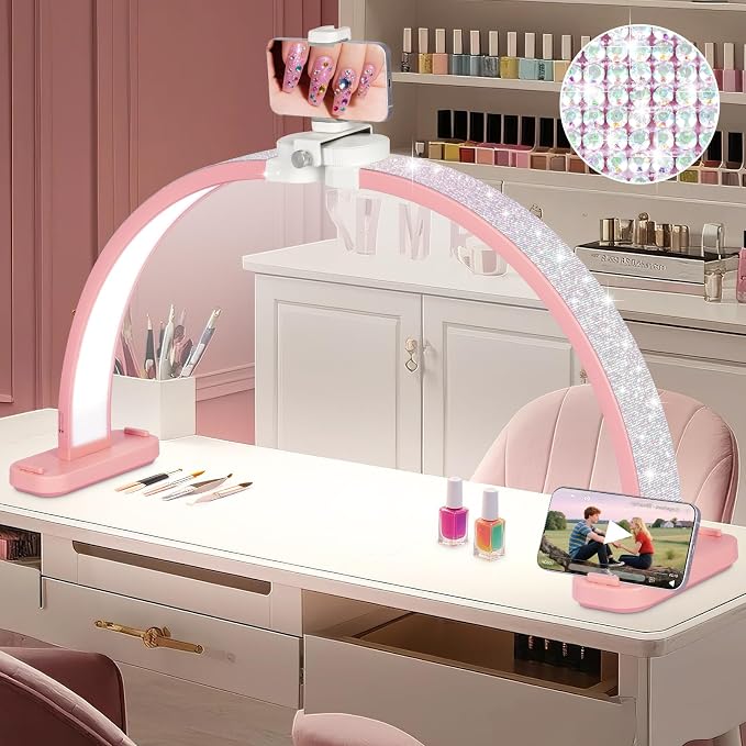 HITTI Super Large 31in Half Moon Light for Nail Desk, Foldable Arch Light for Nail Tech Lamp with Phone Stand, LED Table Lamp for Manicure, Handicraft, Art, Eyelash Extension (Crystal Diamond)-Pink