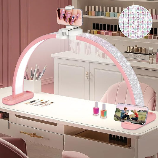 HITTI Super Large 31in Half Moon Light for Nail Desk, Foldable Arch Light for Nail Tech Lamp with Phone Stand, LED Table Lamp for Manicure, Handicraft, Art, Eyelash Extension (Crystal Diamond)-Pink