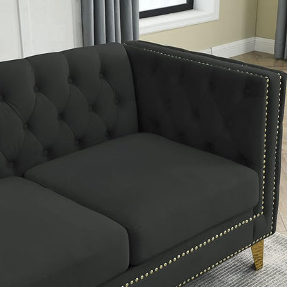 mikibama 2PC Velvet Sofa Couch Set for Living Room,Button Tufted 3 Seater Sofas Set of 2,Modern Upholstered 3-Seat Couches with Nailhead Trims,Golden Metal Legs for Bedroom