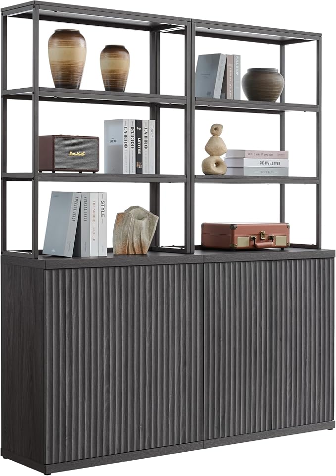 SICOTAS Fluted Bookshelf with Doors - 75" Tall Book Shelf with Storage 6 Tier Large Bookcase with Bottom Cabinet - Modern Metal Book Case for Living Room, Home Office, Kitchen and Library, 2 Pieces