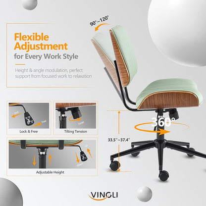 VINGLI Wide Curved Seat&Back Armless Home Office Chair,Ergoromic Adjustable-Height Desk Chair,Swivel&Tilting Function,Stylish Walnut Task Chair for Meeing Room,Dining Room,PU,Olive Green