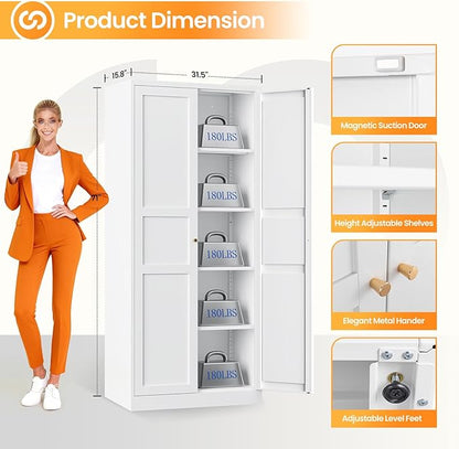 71" Tall Kitchen Pantry Storage Cabinet with 2 Doors and 5 Adjustable Shelve, Metal White Food Pantry Cabinet, Kitchen Cabinet Storage Unit,6 Tier Freestanding Cupboard for Kitchen Dining/Living Room