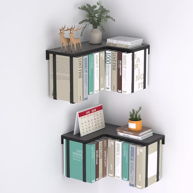L-Shaped Corner Floating Shelves Set of 2, Floating Book Shelves for Wall | Pine Wood Wall Mount Floating Bookshelf with Hanging Strap Holds 9 Books, Hanging Hookshelf Display Shelf for Home Wall Decor