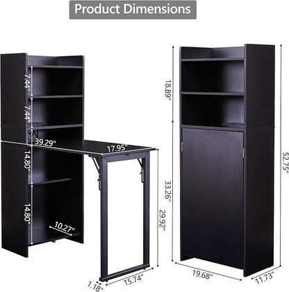 Foldable Desk with Storage,Hidden Desk with Built-in Socket,Fold Out Writing Table for Small Spaces,Home Office and Bedroom (Black)