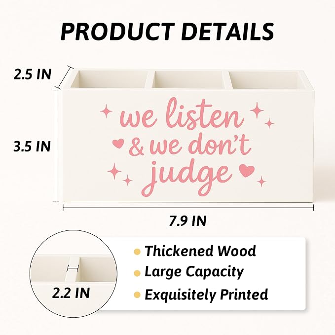 Pink Mental Health Wooden Pen Holder for Desk, Therapy Counselor Office Decor Must Haves, We Listen and We Don't Judge Inspirational Pencil Holder for Desk Decor