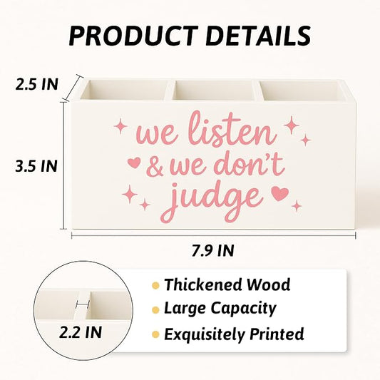 Pink Mental Health Wooden Pen Holder for Desk, Therapy Counselor Office Decor Must Haves, We Listen and We Don't Judge Inspirational Pencil Holder for Desk Decor