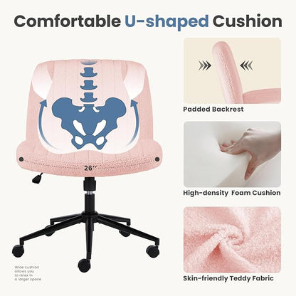 DUMOS Criss Cross Chair with Wheels, Wide Cross Legged Office Desk Vanity Chairs, Armless Height Adjustable Swivel Chairs for Home Computer Task, Teddy Fleece, Pink Wheel