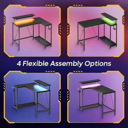 Pinmoco 42" Reversible L-Shaped Desk, Gaming Desk with LED Lights, Monitor Stand, Cup Holder and Headset Hook, Corner Work Station for Home Office, Study and Small Spaces, Carbon Fiber Black | corner desk fits small spaces, monitor stand, cup holder, h...