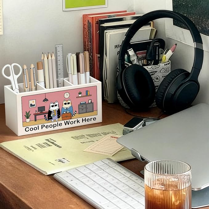 Funny Cat Pen Pencil Holder for Office Desk Accessories Decor | Funny Office Accessories for Women Men, Cool People Work Here Pen Pencil Wooden Organizer Decorations for Work Room Tabletop