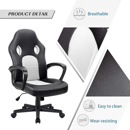 Furmax Office Chair Desk Chair Leather Gaming Chair Computer Chair Racing Style Ergonomic Adjustable Swivel Task Chair with Lumbar Support and Arms (White)