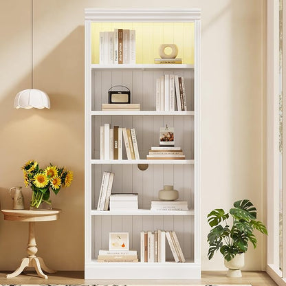 83.4" Tall Wood Bookcase with Light Strip,5-Tier Decor Bookshelves with Adjustable Shelves,Storage Organizer for CDs/Books,Free Standing Storage Shelves for Living Room,Home Office,White