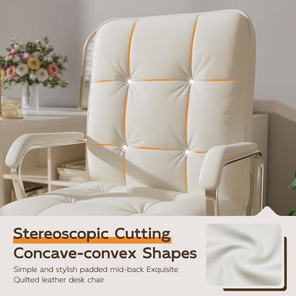 HomeZeer White Office Chair, Mid Back Leather Desk Chair with Wheels and Padded Arms, Swivel Vanity Chair for Bedroom, Computer Chair for Study and Work