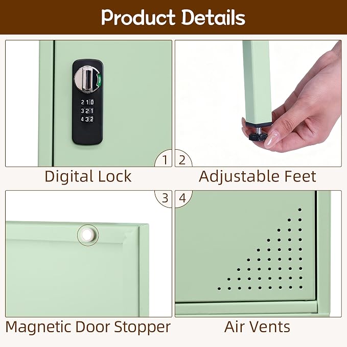 Locker Storage Cabinet with Adjustable Shelves and Door(Green) | Metal Lockable Storage Cabinet for Kitchen Pantry Home Office Bathroom School Dormitory