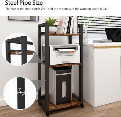 Natwind 3-Tier Movable Printer Stand Floor-Standing Desk Side Shredder Stand Computer Host Holder Adjustable Storage Shelf Rack on Wheels for Fax Scanner File Book (Retro)
