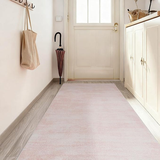 Pink Entryway Rugs, Boho Abstract Modern Cute Runner Rug for Hallway,3x8 Light Pink Ombre Low Pile Carpet for Kitchen Laundry Room Washable Non Slip Bed Side Bedroom Rug 3 x 8