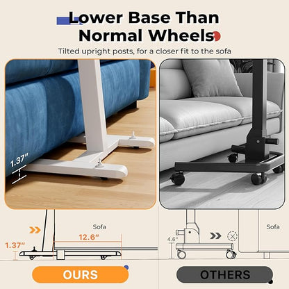 JOY worker Low Height Small Mobile Standing Desk for Couch, Height Adjustable TV Tray Table with 90° Foldable MDF Desktop, Portable Laptop Desk with Low Base & Lockable Hidden Casters, White