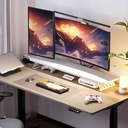 Fenge Dual Monitor Stand Riser, 42.5 Inch Desk Top Shelf for 2 Monitors, Computer Stands for Desk, Wood & Steel Desktop Riser for Laptop, PC, Printer