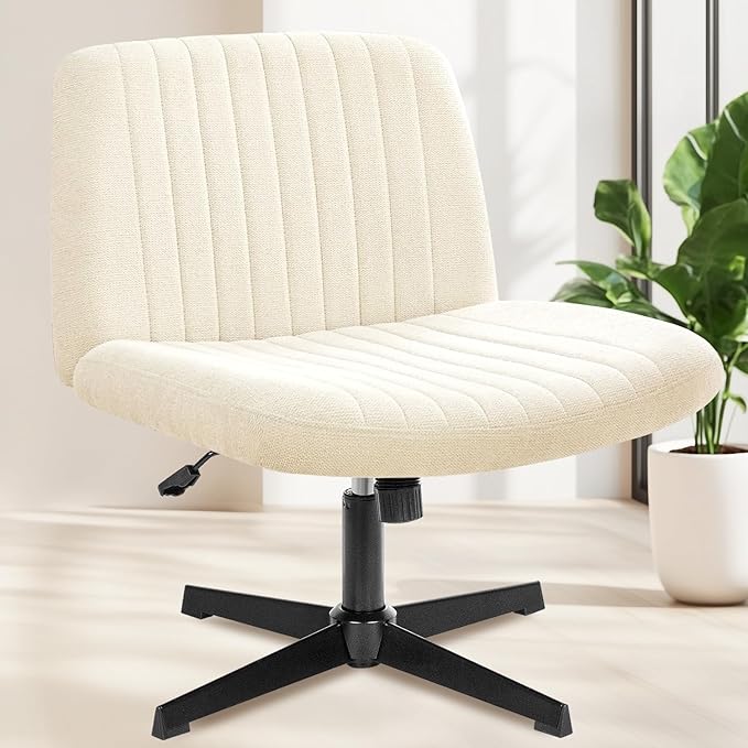 NEO Chair Criss Cross Chair No Wheels, Armless Cross Legged Office Desk Chair, Vanity Makeup Fabric Computer Comfy Adjustable Swivel Ergonomic Living Bedroom for Home Office (Fabric Beige)