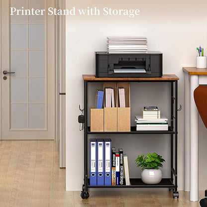 ThreeHio Printer Stand, 3Tier Printer Table with Wheels, Printer Cart with Storage Shelf, Printer Desk for Home Office Fax Machine Scanner, Rolling Cart for Kitchen, Laundry, Balcony, Living Room