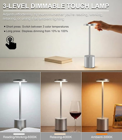 Silver Cordless Table Lamp Rechargeable - 2 Pack 5000mAH Battery Operated Lamp for Counter, 3 Color Stepless Dimming Waterproof LED Wireless Lamp for Dining Kitchen, Outdoor Patio, Touch Control