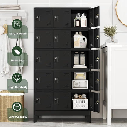 Metal Lockers for Employees-15 Doors Storage Locker with Shelves and Lockable Steel Cabinet for School,Gym,Office,Staff,Assembly Required,Black