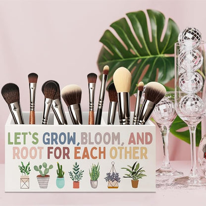 Boho Plant Classroom Wooden Pen Pencil Holder for Office Desk Accessories, Back to School Supplies for Students College Boys Girls Teachers First Day of School, Let's Root for Each Other