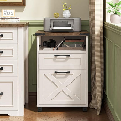 Farmhouse Filing Cabinet with Open Storage Space & Wheels, Office Filing Vertical Cabinet with 2 Drawers, Printer Stand for Hanging Files Letter/A4, Under Desk Storage Cabinets for Home Office. White