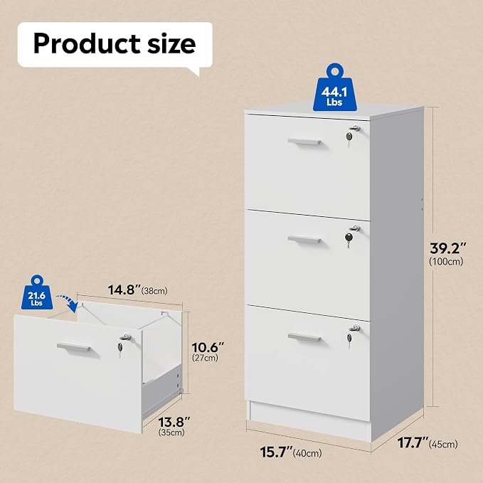 DEVAISE Wood File Cabinet with Lock, Vertical 3 Drawer Filing Cabinet for Home Office, Office Printer Stand for Letter and A4 Size (White)