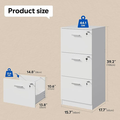DEVAISE Wood File Cabinet with Lock, Vertical 3 Drawer Filing Cabinet for Home Office, Office Printer Stand for Letter and A4 Size (White)