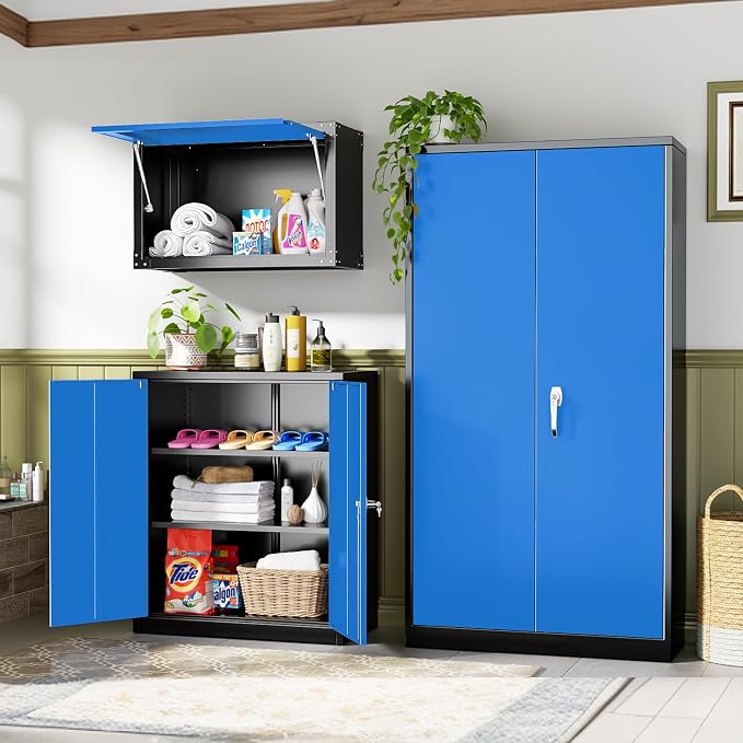 INTERGREAT Metal Storage Cabinet with Lock, 72" H Garage Cabinets with Doors and Adjustable Shelves, Lockable Metal Cabinets for Garage, Home, Office(Black-Blue)