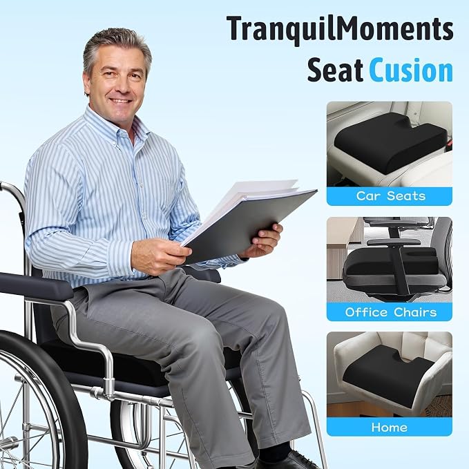 TranquilMoments U-Shaped Gel Memory Foam Seat Cushion, Wheelchair Cushion with Cooling Gel, Ergonomic Coccyx Cushion for Office Chair & Car,Relieve Tailbone Pain, Sciatica, Back Pain, Non-Slip Bottom