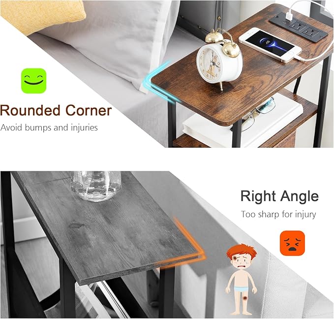 LOAKEKEL Narrow Nightstand with Charging Station, End Tables Living Room Set of 2, Skinny Side Table with Fabric Drawers, Small Sofa Table with LED Light for Bedroom, Rustic Brown, HETNDP02LPBR