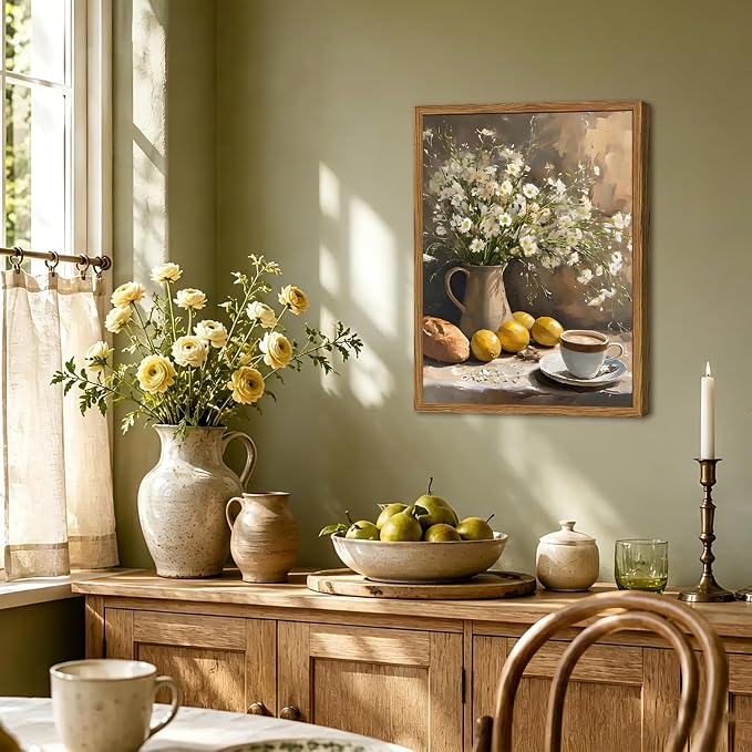 Framed Vintage Kitchen Wall Art, Rustic Floral Lemon Pictures Wall Decor, Cottagecore Coffee Bread Still Life Paintings Canvas Prints Farmhouse Home Decor for Dining Room Living Room 16x24 inch