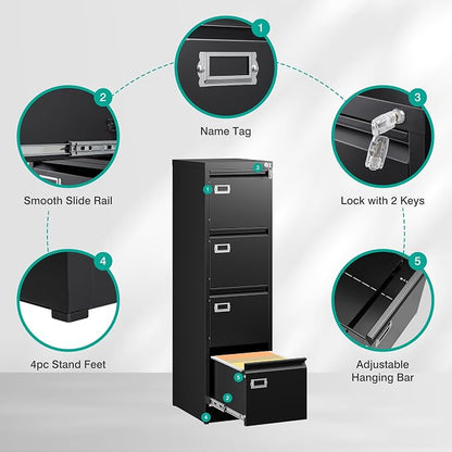 SISESOL 4 Drawer File Cabinet with Lock and Tag,Black Vertical File Cabinet,Narrow Locking Filing Cabinets with Drawers,Metal Filing Storage for Home Office Fit A4 Legal/Letter Size