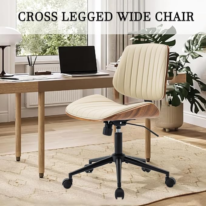 Home Office Desk Chair with Wheels, Modern PU Leather Swivel Computer Chair, Armless Upholstered Cirss Cross Vanity Chair for Home Office, Reading, Meeting, Beige