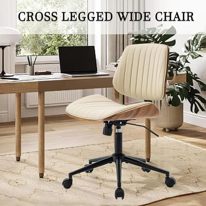 Home Office Desk Chair with Wheels, Modern PU Leather Swivel Computer Chair, Armless Upholstered Cirss Cross Vanity Chair for Home Office, Reading, Meeting, Beige