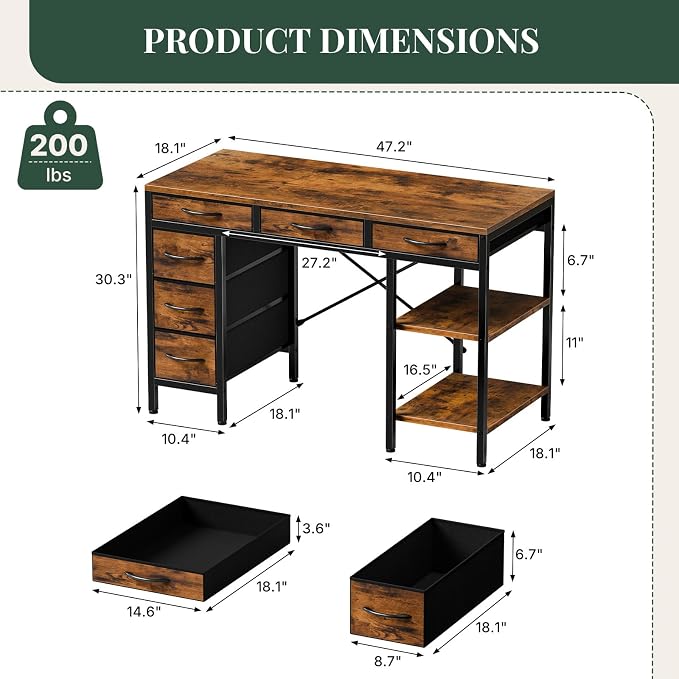 47" Computer Desk with 6 Drawers, Home Office Gaming Desks with Storage Shelves for Bedroom, Writing Study Corner Living Room Work Table Brown