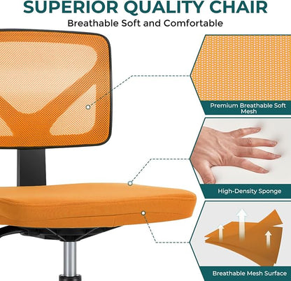 DUMOS Armless Office Chairs with Wheels, Ergonomic Adjustable Home Desk Swivel Rolling Task Chair No Arms, Comfy Mesh Mid Back Computer Work Vanity Desk Chairs for Small Spaces, Orange