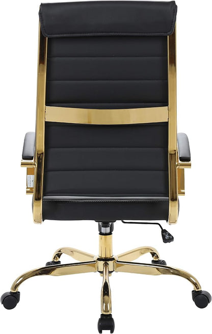 LeisureMod Modern High-Back Leather Office Chair - Swivel & Adjustable Executive Desk Chair with Gold Frame, Ergonomic Design for Home & Office (Black, Set of 8)
