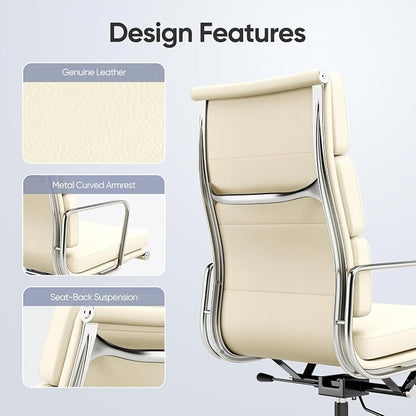 High-Back Executive Genuine Leather Office Chair, with Aluminum Arms and 5-Star Base, Modern Rolling Desk Chair with Silent Wheels, Lumbar Support, High-Adjustable, Tilting for Home & Office